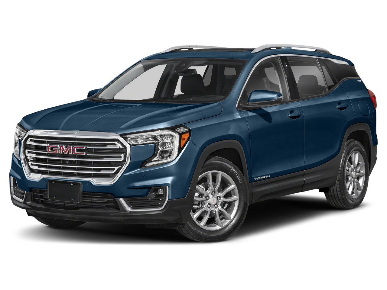 2022 GMC Terrain SLE in Marine Metallic — front three-quarter view