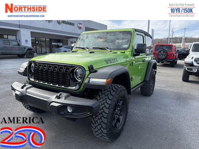 2026 Jeep Wrangler Willys in Mojito Clear-Coat Exterior Paint — front three-quarter view