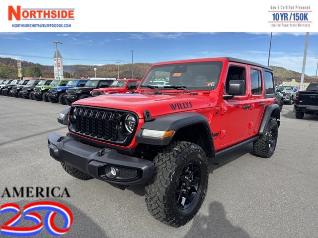 2026 Jeep Wrangler Willys in Firecracker Red Clear-Coat Exterior Paint — front three-quarter view