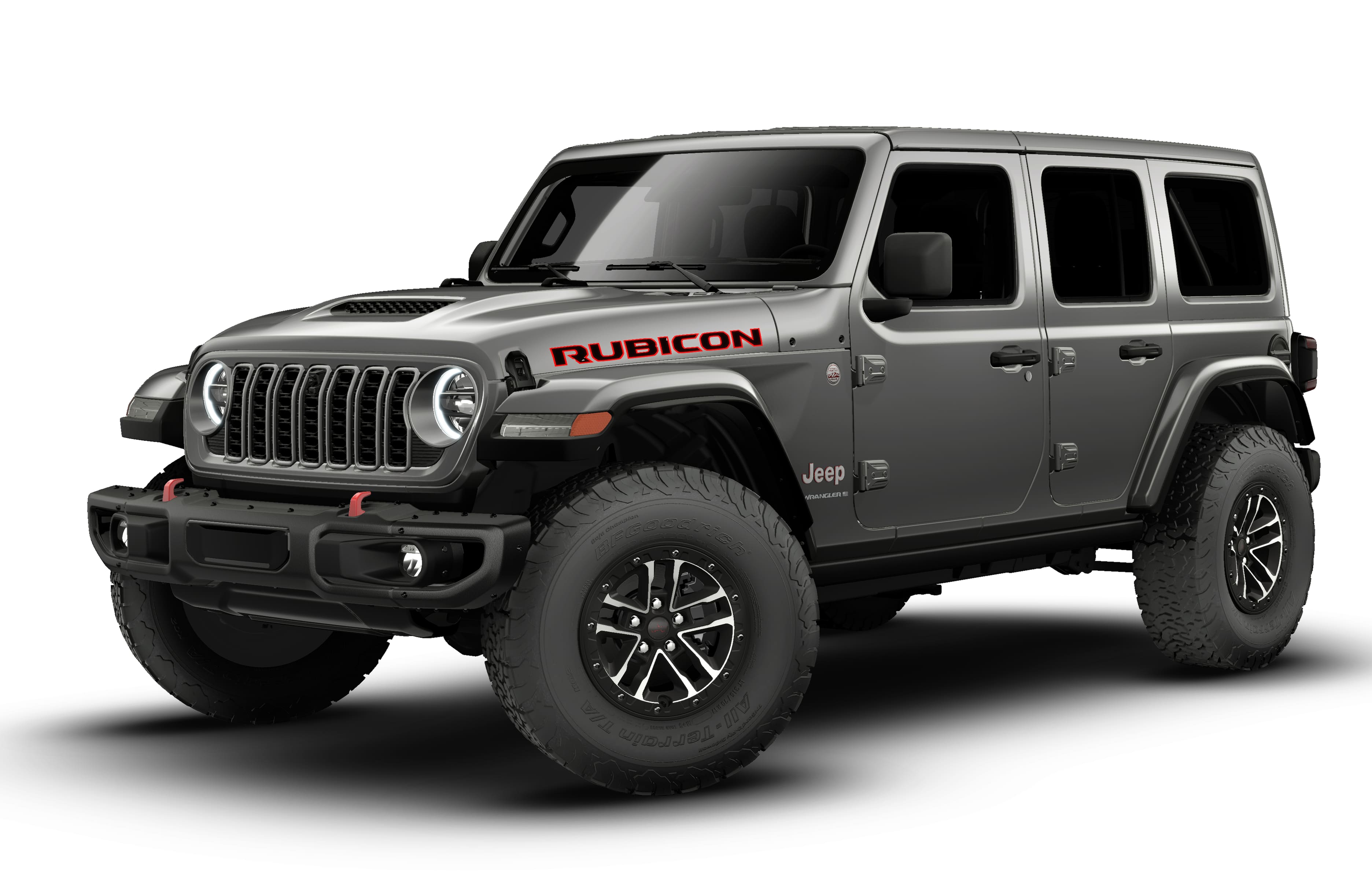 2026 Jeep Wrangler Rubicon X in Granite Crystal Metallic Clear-Coat Exterior Paint — front three-quarter view