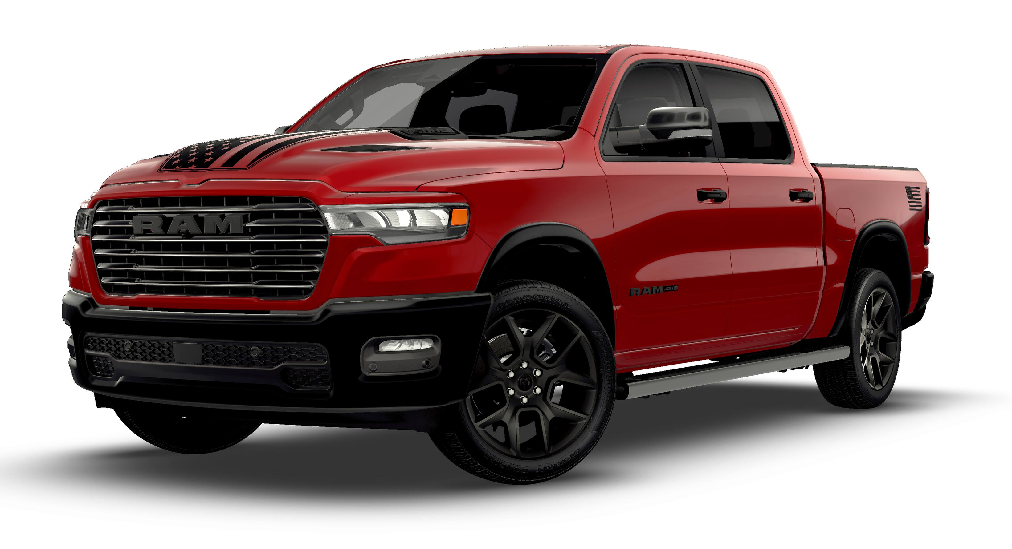 2026 RAM 1500 Laramie in Molten Red Pearl-Coat Exterior Paint — front three-quarter view