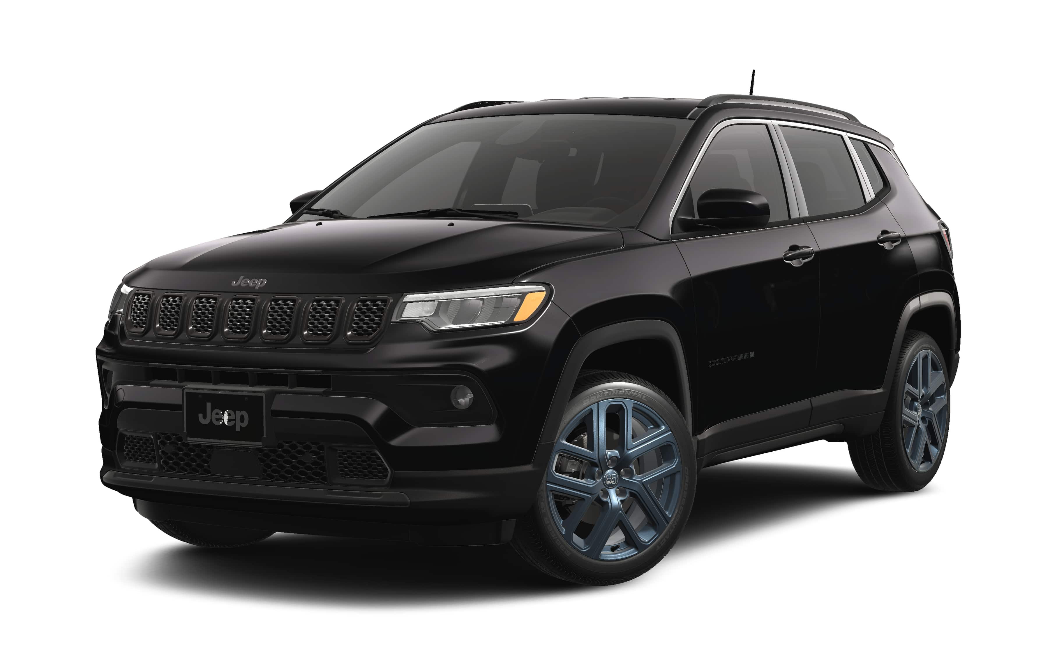2026 Jeep Compass 85th Anniversary in Diamond Black Crystal Pearl-Coat Exterior Paint — front three-quarter view